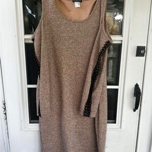 Taupe Midi Knit Dress with Black Trim